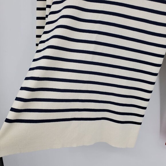 Tory Burch Navy Blue and White Striped Red Button Pearl Neck Sweater Medium - Picture 8 of 9